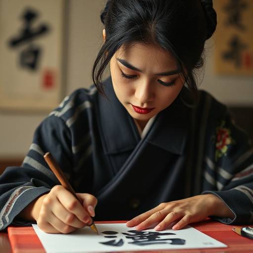 田中雅先生のポートレート写真。真剣な表情で書を書いている。