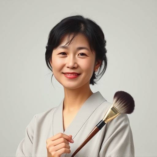 石川翠先生のポートレート写真。穏やかな笑顔で筆を持っている。