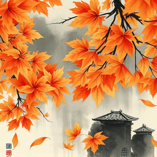 秋の紅葉の背景に筆と硯が置かれている写真